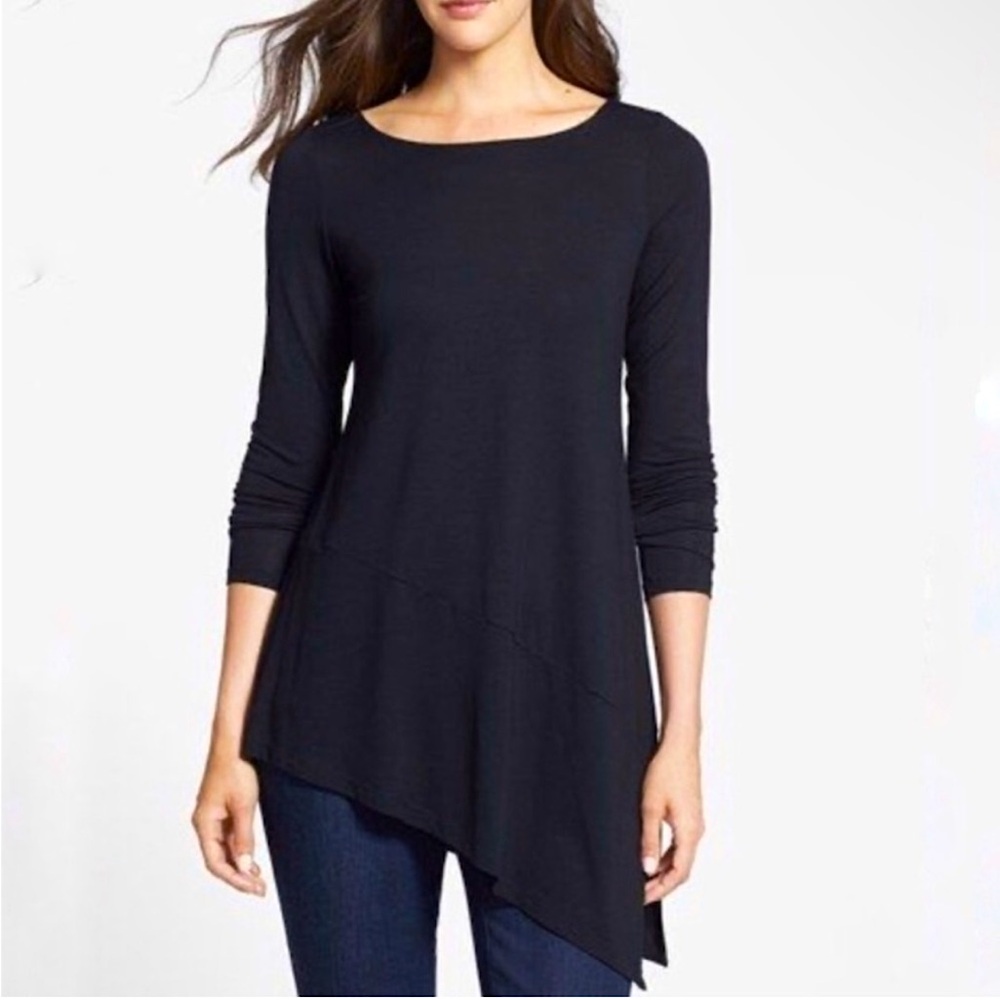 Eileen Fisher Asymmetrical Black Long Sleeve Tunic Top Sz XS Jersey Bateau Neck